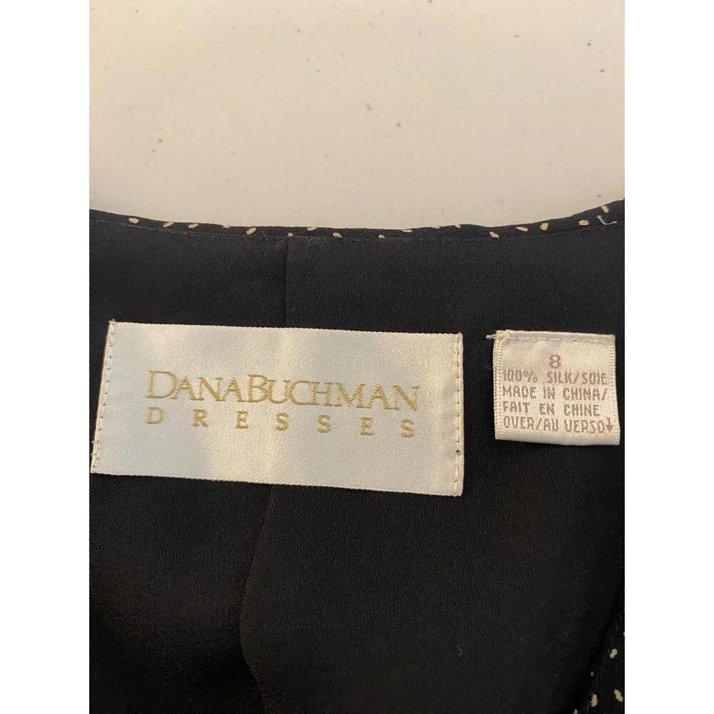 Dana Buchman Midi Dress Black White Dots Short Sleeve Collared Buttons up Silk - Picture 4 of 10